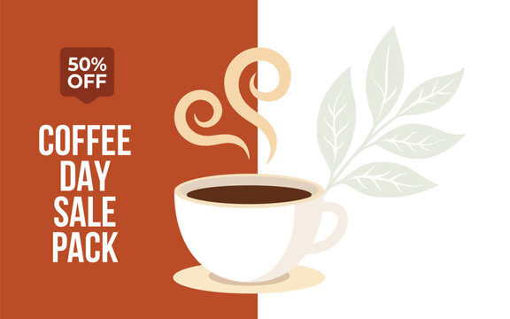 International Coffee Day Sale Banner with 50 Percent Off Discount Badge, Coffee Cup and Promotional Vector Illustration