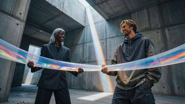 Man and woman hold large translucent iridescent ribbon between them while smiling in a brutalist concrete structure under bright sunlight hitting the curved prism surface.