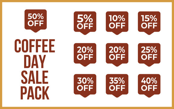 International Coffee Day Sale Pack with Discount Percentage Badges, Flat Vector Illustration