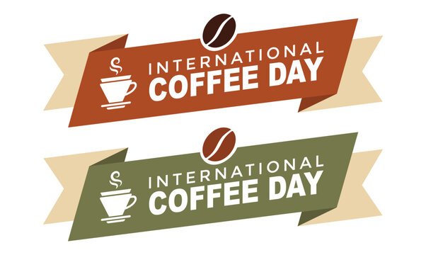 International Coffee Day Ribbon Banner Set with Coffee Cup, Coffee Bean and Flat Vintage Vector Illustration