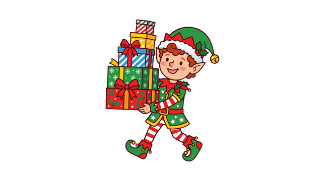Christmas Elf Carrying Stack of Wrapped Presents