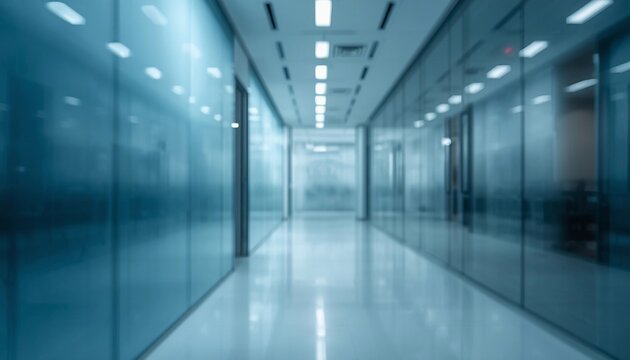Minimalist modern corporate office interior background with blurred glass walls and negative copy space