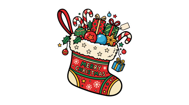 Christmas stocking filled with gifts ornaments candy canes and holly berries festive holiday illustration