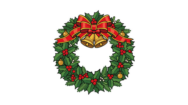 Festive Christmas Wreath with Holly Berries Pine Cones and Golden Bells Decorated with Red Ribbon