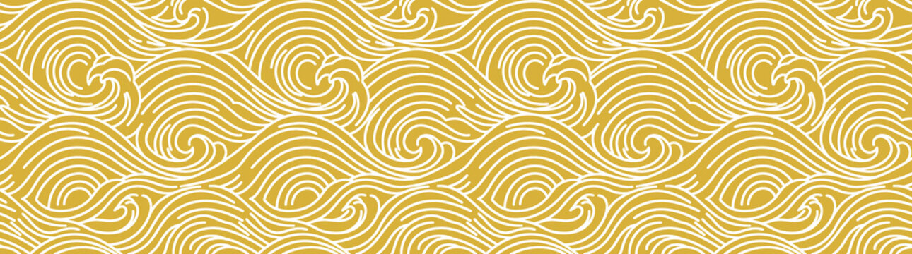 Japanese wave pattern in gold and white, traditional oriental sea ripples background, elegant seamless asian water motif for luxury packaging
