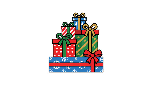Stack of Colorful Christmas Presents with Ribbons and Bows