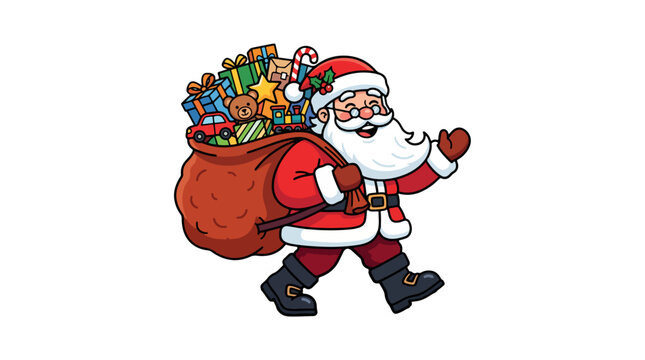 Santa Claus Walking With A Sack Full Of Gifts And Toys For Christmas