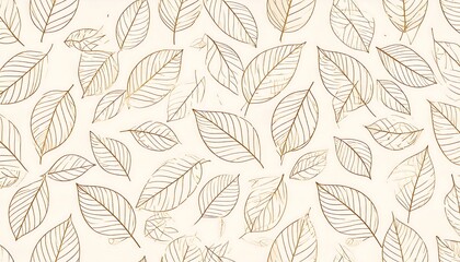 Fototapeta premium Delicate gold outline drawings of leaves are scattered across a light beige background, creating a seamless nature-inspired pattern