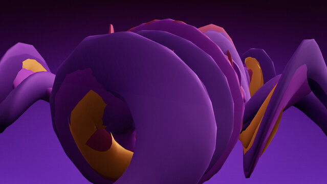 Stylized purple alien creature with segmented body, 3D fantasy monster character design, mysterious extraterrestrial life form on dark background