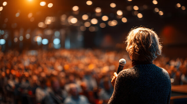 Speaker Holding Microphone Presenting to Large Audience in Auditorium

