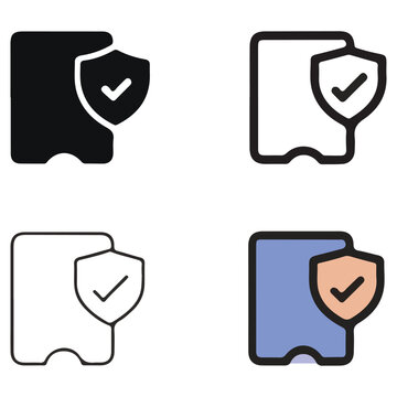 Four different shield icons inside credit card symbols representing security verification and trustworthiness for digital payments