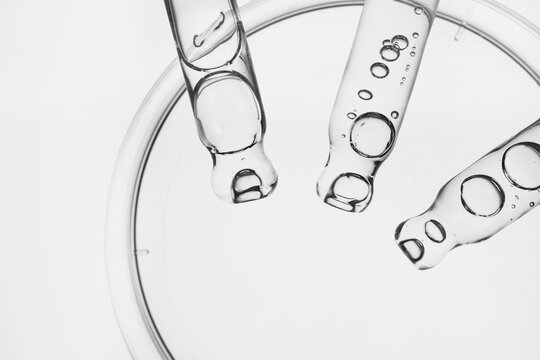 Pipettes dropping liquid with bubbles into petri dish on white background