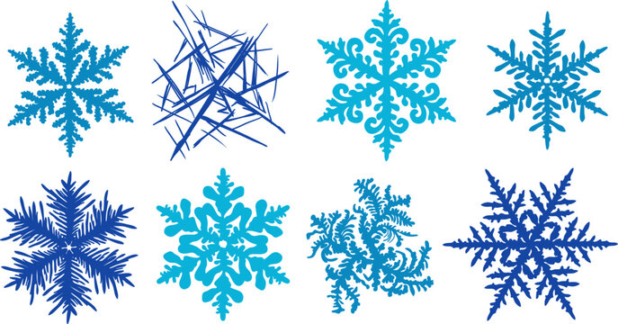 hand-drawn blue vector snowflake and frost ice crystal elements isolated on white background for education and winter posters