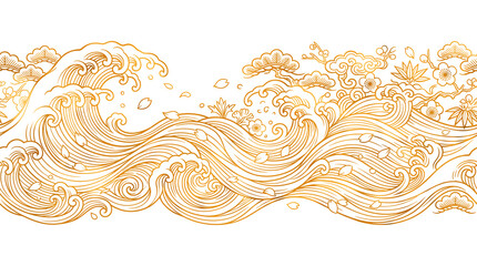 Fototapeta premium Japanese style golden wave border, traditional oriental ocean pattern with pine trees and cherry blossoms, elegant gold line art sea waves
