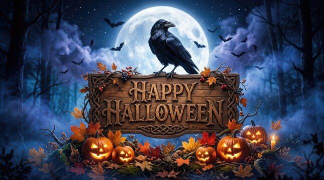 Spooky happy halloween scene with raven jack o' lanterns and full moon festive autumn holiday decor