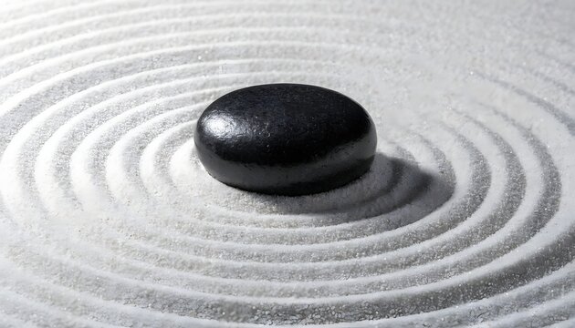 Black zen stone on white raked sand base.