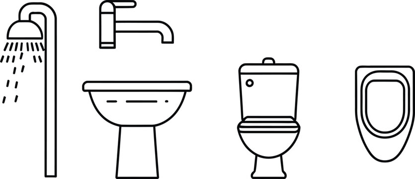 Bathroom fixture silhouettes illustration, shower sink toilet urinal hygiene vector art, sanitation design