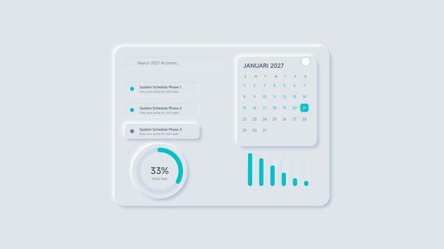 Neumorphic user interface design featuring calendar analytics data visualization and task management dashboard for modern software application