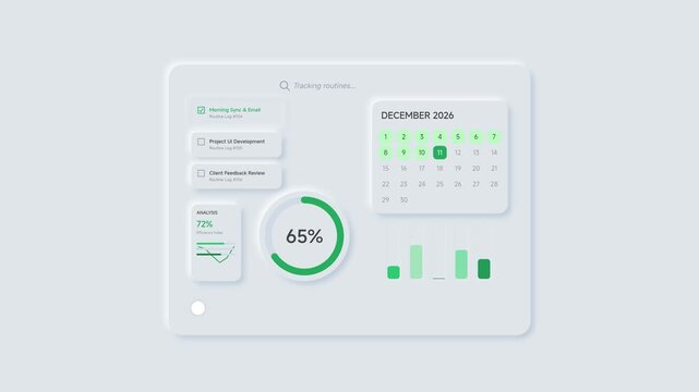 Digital User Interface Dashboard Featuring Neumorphic Design Elements for Data Analytics and Project Planning Management Visualization