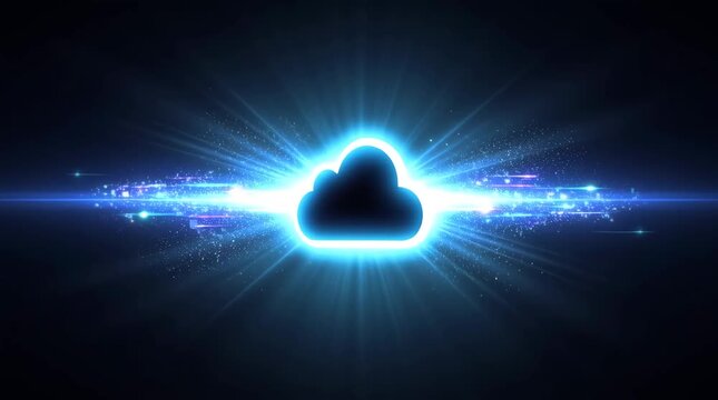 Abstract cloud icon glowing with bright blue light and lens flare effect on dark background 4k video