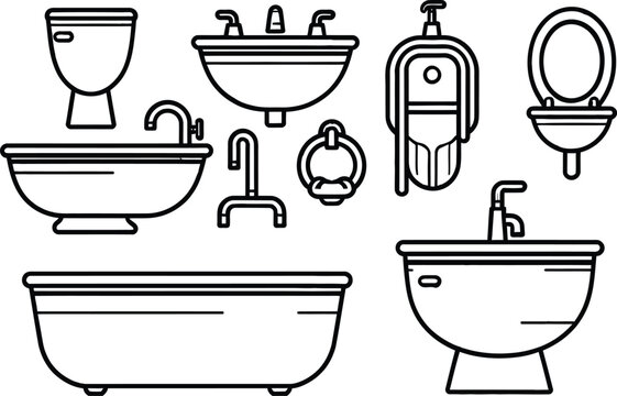 PrintBathroom fixtures silhouettes illustration, toilet sink bathtub bidet urinal towel ring hygiene vector art, sanitation design