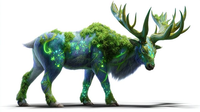 Mythical Forest Guardian: An awe-inspiring stag, intricately adorned with lush moss and glowing celestial patterns, embodies the spirit of nature and ancient magic.