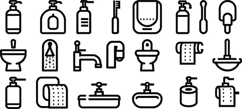Bathroom hygiene fixture icon set illustration, soap dispenser toothbrush towel toilet sink urinal shower vector art