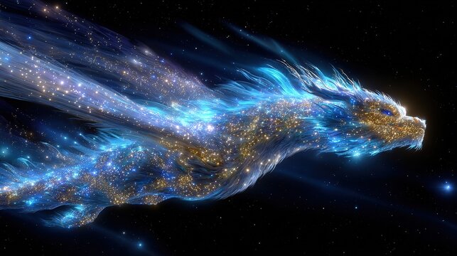Celestial Dragon's Journey: A majestic dragon, formed from stardust and cosmic energy, soars through the inky blackness of space, leaving a trail of shimmering nebulae in its wake.