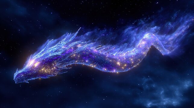 Celestial Dragon: A majestic cosmic dragon, with a body shimmering with stardust and nebula-like wisps, soars through the deep expanse of space, emitting an otherworldly glow.