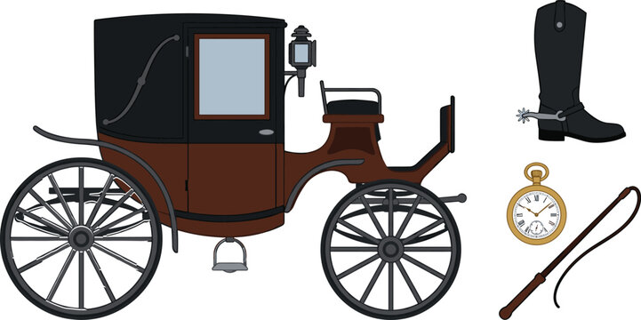Vintage horse-drawn carriage vector illustration set with a brown and black transport coach a high leather riding boot with a spur a gold pocket watch and a driver whip isolated on white background