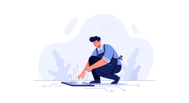 Technician working on futuristic interface with digital circuits and abstract background, modern flat illustration