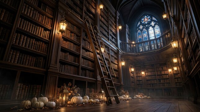 Happy halloween enchanting vintage library with pumpkins gothic arches and warm lighting for spooky season decor