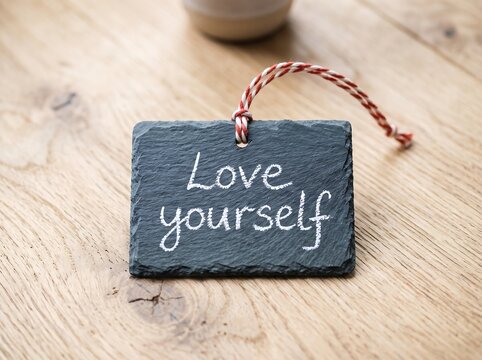 Love yourself message on slate tag. Inspirational quote written on stone sign.