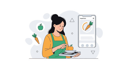 Fototapeta premium Woman Using Health App for Diet and Nutrition Tracking with Healthy Food Choices