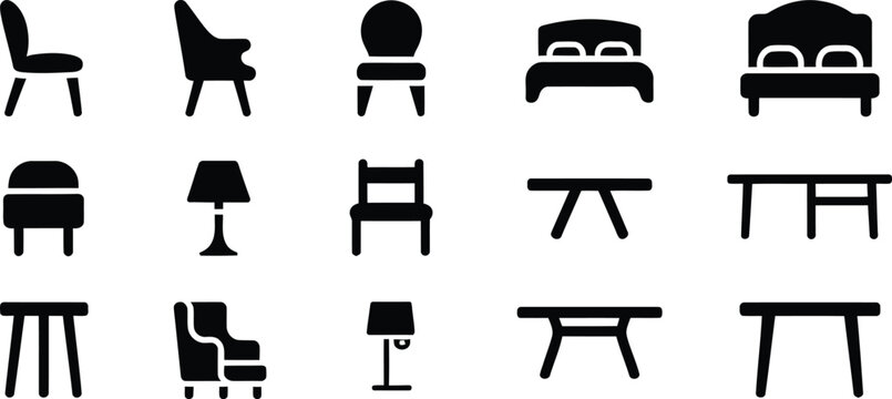 Furniture silhouette grid icon set illustration, chair armchair bed lamp table stool vector art, household interior design