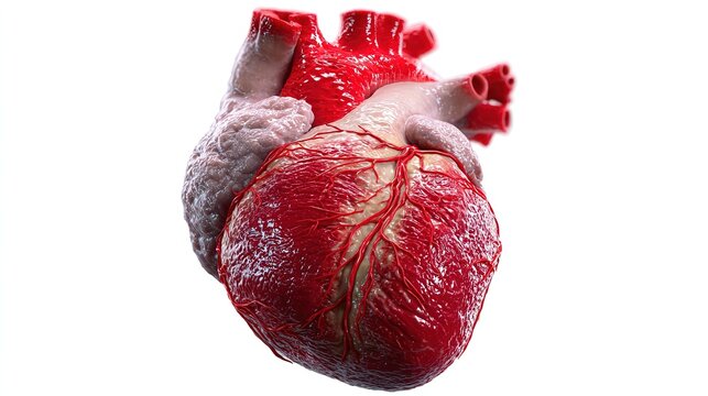 Anatomical Heart Model: A detailed, realistic anatomical model of a human heart, showcasing its intricate chambers, valves, and major blood vessels in vibrant red and white hues.