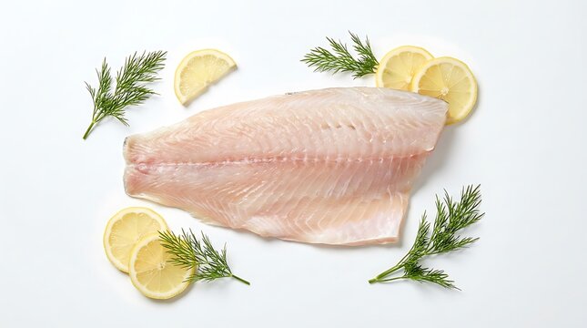 A fresh raw Bronzini fish fillet on a white background garnished with sliced lemons and sprigs of green dill herb.