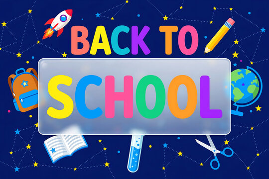 Back to school background with colorful text, school supplies, rocket, and globe on a dark blue starry space theme