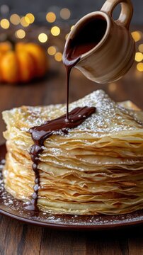 Tall stack of golden brown crepes with chocolate sauce being poured on top in a cozy setting with circular lights and a pumpkin in the background