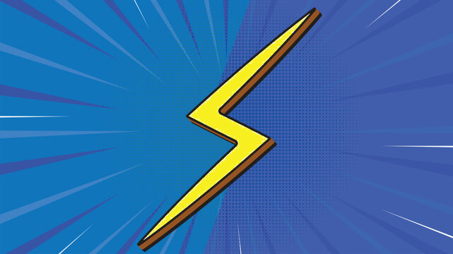 Comic style lightning bolt vector, yellow electric flash on blue speed lines background, pop art power symbol for superhero graphics