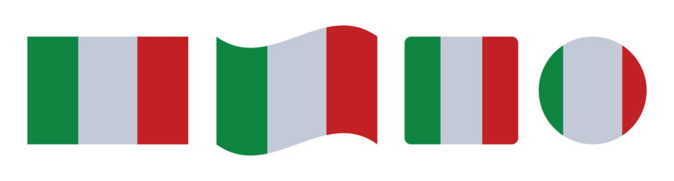 Italy national flag collection featuring rectangle, waving banner, vertical stripe rectangle and circle icon shapes, flat vector illustration isolated on white background for travel, geography and des