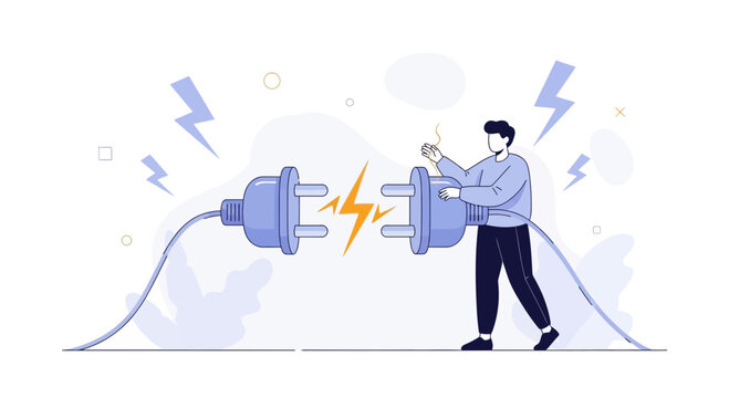 Man Holding Electrical Plug Near Socket, Symbolizing Connection Failure, Energy Crisis, or Technical Issues