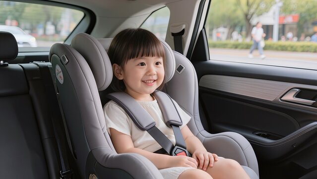Young girl with short black hair seated in a gray child safety car seat inside a vehicle, smiling while looking out the window at a sunny day