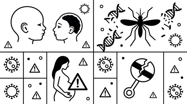 Zika Virus Infection and Mosquito Borne Disease Awareness Icon Set with Pregnant Woman Microcephaly Skull Defects Broken DNA and Warning Symbols