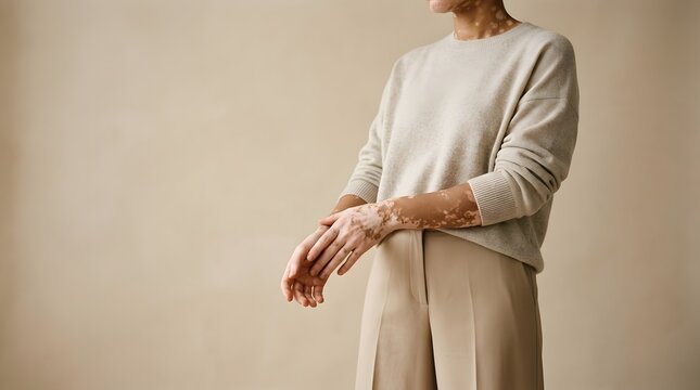 Woman with vitiligo skin condition on arms and chest wearing sweater.