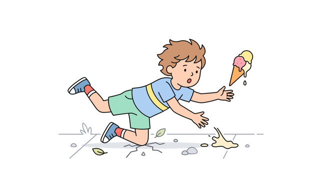 Boy falling and dropping ice cream cone on pavement