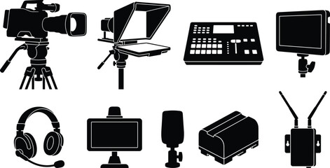 Fototapeta premium Broadcast Video Production Equipment Silhouette Icon Set with Camera Teleprompter Monitor Headset and Wireless Receiver