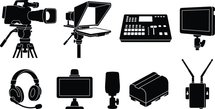 Broadcast Video Production Equipment Silhouette Icon Set with Camera Teleprompter Monitor Headset and Wireless Receiver