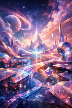 panorama fantastico composto da figure geometriche scintillanti, fantastic landscape made up of sparkling geometric shapes