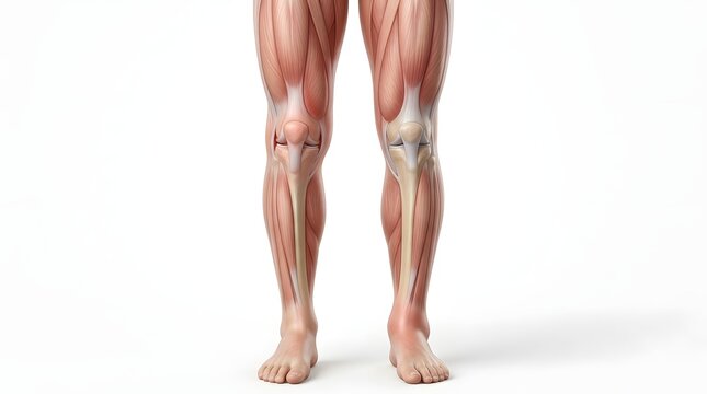 Human legs showing muscles, bones, and tendons in anatomical detail on white background.